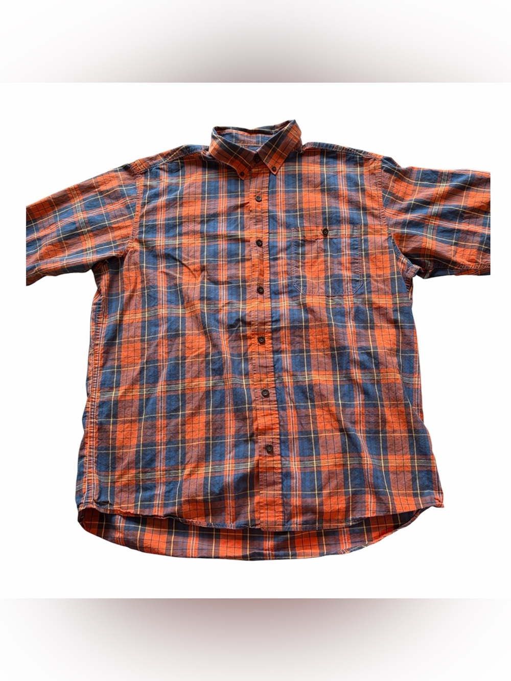 Men’s Red Head Plaid Button Down Shirt Size Large Shortsleeve Blue Orange